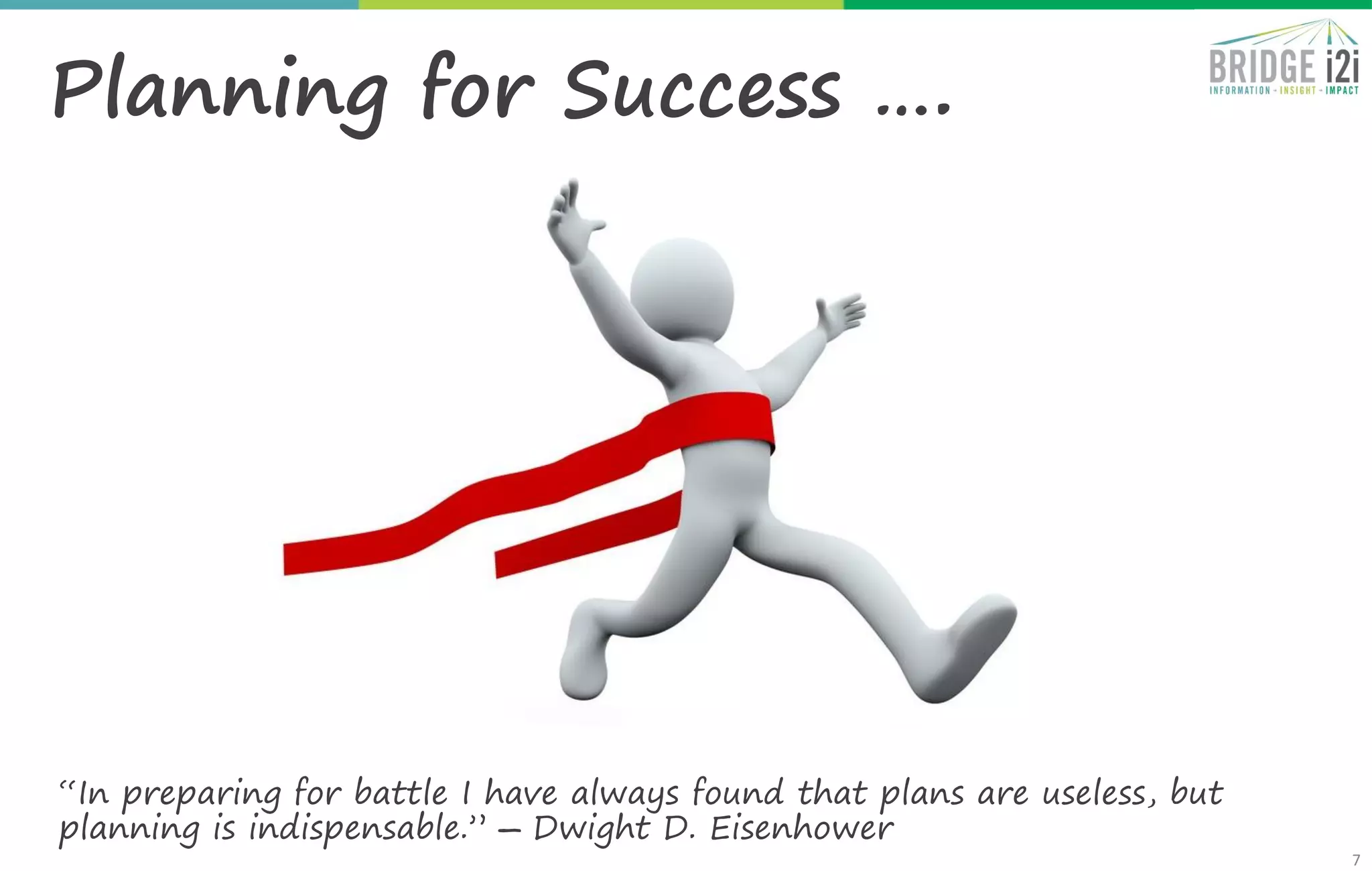 7
Planning for Success ….
“In preparing for battle I have always found that plans are useless, but
planning is indispensable.” ― Dwight D. Eisenhower