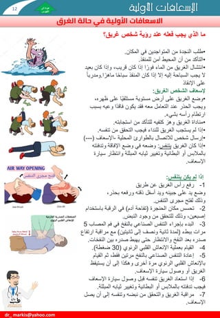 ‫األولية‬ ‫االسعافات‬
‫الغرق‬ ‫حالة‬ ‫في‬
‫األولية‬ ‫اإلسعافات‬
dr_ markis@yahoo.com
‫ما‬
‫رؤية‬ ‫عند‬ ‫فعله‬ ‫يجب‬ ‫الذي‬
‫غريق؟‬ ‫شخص‬
•
‫المكان‬ ‫في‬ ‫المتواجدين‬ ‫من‬ ‫النجدة‬ ‫طلب‬
.
•
‫للمنقذ‬ ‫آمن‬ ‫المحيط‬ ‫أن‬ ‫من‬ ‫التأكد‬
.
•
‫ب‬ ‫كان‬ ‫وإذا‬ ،‫قريب‬ ‫كان‬ ‫إذا‬ ‫ا‬‫فور‬ ‫الماء‬ ‫من‬ ‫الغريق‬ ‫انتشال‬
‫عيد‬
‫ا‬‫سباح‬ ‫المنقذ‬ ‫كان‬ ‫إذا‬ ‫إال‬ ‫إليه‬ ‫السباحة‬ ‫يجب‬ ‫ال‬
‫ا‬‫ماهر‬
.
‫و‬
‫مدربا‬
‫اإلنقاذ‬ ‫على‬
‫الغريق‬ ‫الشخص‬ ‫إلسعاف‬
:
•
‫ظهر‬ ‫على‬ ‫ا‬‫مستلقي‬ ‫مستوية‬ ‫أرض‬ ‫على‬ ‫الغريق‬ ‫وضع‬
،‫ه‬
‫ب‬ ‫وعيه‬ ‫ا‬‫فاقد‬ ‫يكون‬ ‫فقد‬ ‫معه‬ ‫التعامل‬ ‫عند‬ ‫الحذر‬ ‫ويجب‬
‫سبب‬
‫بشيء‬ ‫رأسه‬ ‫ارتطام‬
.
•
‫استجابته‬ ‫من‬ ‫للتأكد‬ ‫كتفيه‬ ‫وهز‬ ‫الغريق‬ ‫مناداة‬
.
•
‫تنف‬ ‫من‬ ‫التحقق‬ ‫فيجب‬ ‫للنداء‬ ‫الغريق‬ ‫يستجب‬ ‫لم‬ ‫إذا‬
‫سه‬
.
•
‫لالتصال‬ ‫شخص‬ ‫إرسال‬
‫المحلية‬ ‫بالطوارئ‬
-
‫اإلسعاف‬
(
-
--
)
•
‫إذا‬
‫الغريق‬ ‫كان‬
‫يتنفس‬
:
‫وتد‬ ‫اإلفاقة‬ ‫وضع‬ ‫في‬ ‫وضعه‬
‫فئته‬
‫وانتظ‬ ‫المبللة‬ ‫ثيابه‬ ‫وتغيير‬ ‫البطانية‬ ‫أو‬ ‫بالمالبس‬
‫سيارة‬ ‫ار‬
‫اإلسعاف‬
.
‫إذا‬
‫يتنفس‬ ‫يكن‬ ‫لم‬
:
1
-
‫طريق‬ ‫عن‬ ‫الغريق‬ ‫رأس‬ ‫رفع‬
‫وضع‬
،‫بحذر‬ ‫ورفعه‬ ‫ذقنه‬ ‫أسفل‬ ‫ويد‬ ‫جبينه‬ ‫على‬ ‫يد‬
‫وذلك‬
‫التنفس‬ ‫مجرى‬ ‫لفتح‬
.
2
-
‫الحنجرة‬ ‫مكان‬ ‫تحسس‬
(
‫آدم‬ ‫تفاحة‬
)
‫باست‬ ‫الرقبة‬ ‫في‬
‫خدام‬
‫النبض‬ ‫وجود‬ ‫من‬ ‫للتحقق‬ ‫وذلك‬ ،‫إصبعين‬
.
3
-
‫ا‬ ‫فم‬ ‫في‬ ‫بالنفخ‬ ‫الصناعي‬ ‫التنفس‬ ‫بإجراء‬ ‫البدء‬
‫لمصاب‬
5
‫ببطء‬ ‫مرات‬
(
‫ثانيتين‬ ‫إلى‬ ‫ونصف‬ ‫ثانية‬ ‫لمدة‬
)
‫مراق‬ ‫مع‬
‫ارتفاع‬ ‫بة‬
‫الن‬ ‫بين‬ ‫صدره‬ ‫يهبط‬ ‫حتى‬ ‫واالنتظار‬ ‫النفخ‬ ‫بعد‬ ‫صدره‬
‫فخات‬
.
4
-
‫الرئوي‬ ‫القلبي‬ ‫اإلنعاش‬ ‫بعملية‬ ‫القيام‬
(
30
‫ضغطة‬
.)
5
-
‫ثم‬ ،‫فقط‬ ‫مرتين‬ ‫بالنفخ‬ ‫الصناعي‬ ‫التنفس‬ ‫إعادة‬
‫القيام‬
‫يستي‬ ‫أن‬ ‫إلى‬ ‫وهكذا‬ ‫أخرى‬ ‫مرة‬ ‫الرئوي‬ ‫القلبي‬ ‫باإلنعاش‬
‫قظ‬
‫اإلسعاف‬ ‫سيارة‬ ‫وصول‬ ‫أو‬ ‫الغريق‬
.
6
-
‫اإلس‬ ‫سيارة‬ ‫وصول‬ ‫قبل‬ ‫تنفسه‬ ‫الغريق‬ ‫استعاد‬ ‫إذا‬
‫عاف‬
‫ثياب‬ ‫وتغيير‬ ‫البطانية‬ ‫أو‬ ‫بالمالبس‬ ‫تدفئته‬ ‫فيجب‬
‫المبللة‬ ‫ه‬
.
7
-
‫أن‬ ‫إلى‬ ‫وتنفسه‬ ‫نبضه‬ ‫من‬ ‫والتحقق‬ ‫الغريق‬ ‫مراقبة‬
‫يصل‬
‫اإلسعاف‬
.
12
 