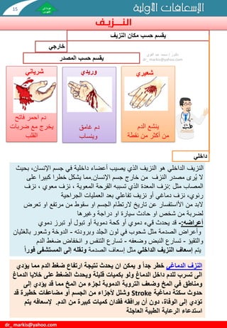 ‫النـــزيـف‬
‫النزيف‬ ‫مكان‬ ‫حسب‬ ‫يقسم‬
‫خارجي‬
‫داخلي‬
‫المصدر‬ ‫حسب‬ ‫يقسم‬
‫فاتح‬ ‫احمر‬ ‫دم‬
‫ي‬
‫ضربات‬ ‫مع‬ ‫خرج‬
‫القلب‬
‫دم‬
‫غامق‬
‫وينساب‬
‫الدم‬ ‫ينشع‬
‫نقطة‬ ‫من‬ ‫أكثر‬ ‫من‬
‫اإلنسان‬ ‫جسم‬ ‫في‬ ‫داخلية‬ ‫أعضاء‬ ‫يصيب‬ ‫الذي‬ ‫النزيف‬ ‫هو‬ ‫الداخلي‬ ‫النزيف‬
،
‫بحيث‬
‫مصدر‬ ‫رى‬ُ‫ي‬ ‫ال‬
‫اإلنسان‬ ‫جسم‬ ‫خارج‬ ‫من‬ ‫النزف‬
.
‫على‬ ‫كبيرا‬ ‫خطرا‬ ‫يشكل‬ ‫مما‬
‫مثل‬ ‫المصاب‬
:
‫نزف‬
‫تسببه‬ ‫الذي‬ ‫المعدة‬
‫نزف‬ ، ‫معوي‬ ‫نزف‬ ، ‫المعوية‬ ‫القرحة‬
‫العمليات‬ ‫بعد‬ ‫تفاعلي‬ ‫نزيف‬ ‫أو‬ ‫دماغي‬ ‫نزف‬ ،‫رئوي‬
‫الجراحية‬
‫من‬ ‫البد‬
‫األاستفسار‬
‫تع‬ ‫او‬ ‫مرتفع‬ ‫من‬ ‫سقوط‬ ‫او‬ ‫الجسم‬ ‫الرتطام‬ ‫تاريخ‬ ‫عن‬
‫رض‬
‫وغيرها‬ ‫دراجة‬ ‫او‬ ‫سيارة‬ ‫حادث‬ ‫او‬ ‫شخص‬ ‫من‬ ‫لضربة‬
‫أعراضه‬
:
-
‫قد‬
‫دموي‬ ‫تبرز‬ ‫أو‬ ‫تبول‬ ‫أو‬ ‫دموية‬ ‫كحة‬ ‫أو‬ ‫دموي‬ ‫قيء‬ ‫يحدث‬
‫وبرودته‬ ‫الجلد‬ ‫لون‬ ‫في‬ ‫شحوب‬ ‫مثل‬ ‫الصدمة‬ ‫وأعراض‬
-
‫بالغ‬ ‫وشعور‬ ‫الدوخة‬
‫ثيان‬
‫والتقيؤ‬
-
‫وضعفه‬ ‫النبض‬ ‫تسارع‬
-
‫التنفس‬ ‫تسارع‬
‫و‬
‫ا‬ ‫ضغط‬ ‫انخفاض‬
‫لدم‬
‫يتم‬
‫الداخلي‬ ‫النزيف‬ ‫إسعاف‬
‫الصدمة‬ ‫إسعاف‬ ‫مثل‬
‫المستشفى‬ ‫إلى‬ ‫ونقله‬
ً‫ا‬‫فور‬
‫دكتور‬
/
‫القوي‬ ‫عبد‬ ‫محمد‬
dr_ markis@yahoo.com
‫األولية‬ ‫اإلسعافات‬
dr_ markis@yahoo.com
‫شعيري‬
‫وريدي‬
‫شرياني‬
‫الدماغي‬ ‫النزف‬
‫و‬ ً‫ا‬‫جد‬ ‫خطر‬
‫يؤ‬ ‫مما‬ ‫الدم‬ ‫ضغط‬ ‫ارتفاع‬ ‫نتيجة‬ ‫يحدث‬ ‫ان‬ ‫يمكن‬
‫دي‬
‫خالي‬ ‫على‬ ‫الضغط‬ ‫ويحدث‬ ‫قليلة‬ ‫بكميات‬ ‫ولو‬ ‫الدماغ‬ ‫داخل‬ ‫للدم‬ ‫تسرب‬ ‫الى‬
‫الدماغ‬ ‫ا‬
‫في‬ ‫ومناطق‬
‫المخ‬ ‫من‬ ‫لجزء‬ ‫الدموية‬ ‫التروية‬ ‫وضعف‬ ‫المخ‬
‫إلى‬ ‫يؤدي‬ ‫قد‬ ‫مما‬
‫دماغية‬ ‫سكتة‬ ‫حدوث‬
Stroke
‫قد‬ ‫خطيرة‬ ‫مضاعفات‬ ‫أو‬ ‫الجسم‬ ‫من‬ ‫ألجزاء‬ ‫وشلل‬
‫الدم‬ ‫من‬ ‫كبيرة‬ ‫كميات‬ ‫فقدان‬ ‫يرافقه‬ ‫أن‬ ‫دون‬ ،‫الوفاة‬ ‫إلى‬ ‫تؤدي‬
.
‫يتم‬ ‫إلسعافه‬
‫العاجلة‬ ‫الطبية‬ ‫الرعاية‬ ‫استدعاء‬
15
 