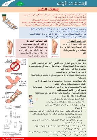 ‫ا‬
‫البسيط‬ ‫لكسر‬
(
‫المغلق‬
: )
‫موض‬ ‫كان‬ ‫إذا‬ ‫بسيطا‬ ‫الكسر‬ ‫يسمى‬
‫ع‬
‫الكسر‬
‫أ‬ ‫الخارجي‬ ‫بالهواء‬ ‫يتصل‬ ‫لم‬
‫لم‬ ‫ي‬
‫يصطحبه‬
‫بتلوث‬ ‫يسمح‬ ‫فوقه‬ ‫جرح‬
‫الكسر‬
‫إسعاف‬
‫الكسر‬
:
‫ال‬
‫ا‬ ‫العضو‬ ‫بتحريك‬ ‫نقوم‬ ‫وال‬ ‫الطبيعي‬ ‫مكانه‬ ‫إلى‬ ‫العظم‬ ‫إرجاع‬ ‫بمحاولة‬ ‫نقوم‬
‫لمكسور‬
‫مضاعفا‬ ‫إلى‬ ‫تؤدي‬ ‫أن‬ ‫يمكن‬ ‫حركة‬ ‫أي‬ ‫؛‬ ‫المصابة‬ ‫المنطقة‬ ‫تحريك‬ ‫تجنب‬ ‫أبدا‬
‫خطيرة‬ ‫ت‬
-
‫والظهر‬ ‫الرقبة‬ ‫كسور‬ ‫حالة‬ ‫في‬ ‫خاصة‬
.
‫المصاب‬ ‫بها‬ ‫أتى‬ ‫التي‬ ‫الوضعية‬ ‫على‬ ‫نثبته‬ ‫بل‬
.
‫مل‬ ‫ثلج‬ ‫مكعبات‬ ‫أو‬ ‫ثلج‬ ‫كيس‬ ‫وضع‬ ‫طريق‬ ‫عن‬ ‫المصابة‬ ‫المنطقة‬ ‫بتبريد‬ ‫قم‬
‫بقطعة‬ ‫فوفة‬
‫نظيفة‬ ‫قماش‬
.
‫المريض‬ ‫صدمة‬ ‫عالج‬
:
‫الراحة‬ ‫على‬ ‫وشجعه‬ ‫مريحة‬ ‫وضعية‬ ‫اتخاذ‬ ‫على‬ ‫ساعده‬
‫وطمأنته‬
.
‫لتدفئتها‬ ‫مالبس‬ ‫أو‬ ‫ببطانية‬ ‫بتغطيتها‬ ‫قم‬
.
‫وال‬ ‫للفحص‬ ‫الطوارئ‬ ‫قسم‬ ‫إلى‬ ‫الوصول‬ ‫في‬ ‫المريض‬ ‫وساعد‬ ‫باإلسعاف‬ ‫اتصل‬
‫عالج‬
.
‫للكسر‬ ‫المصاحب‬ ‫والنزيف‬ ‫الجروح‬ ‫حالة‬ ‫في‬
‫تستخدم‬ ‫ال‬
‫التورنيكية‬
‫نظ‬ ‫ضمادة‬ ‫وضع‬ ‫النزيف‬ ‫على‬ ‫مباشرة‬ ‫بالضغط‬ ‫وقم‬
‫يفة‬
‫الكسر‬ ‫تثبيت‬
:
‫إ‬
ً‫ا‬‫مدرب‬ ‫وكنت‬ ‫أمكن‬ ‫ن‬
-
‫تثبيت‬
‫بعده‬ ‫الذي‬ ‫والمفصل‬ ‫الكسر‬ ‫مكان‬ ‫قبل‬ ‫المفصل‬
‫مثال‬
‫في‬
‫كسرالعضد‬
،‫المرفق‬ ‫ومفصل‬ ‫الكتف‬ ‫مفصل‬ ‫نثبت‬
-
‫وهكذا‬،‫الكاحل‬ ‫ومفصل‬ ‫الركبة‬ ‫مفصل‬ ‫نثبت‬ ‫الساق‬ ‫كسر‬ ‫في‬
...
‫جبيرة‬ ‫استعمال‬
:
-
‫نقوم‬
‫أو‬ ‫خشب‬ ‫قطعة‬ ‫بوضع‬
‫أو‬ ‫المقوى‬ ‫الكرتون‬ ‫من‬ ‫قطعة‬
‫ي‬ ‫صلب‬ ‫شيء‬ ‫أي‬
‫مكن‬
‫المكسور‬ ‫العضو‬ ‫ونربط‬ ‫التثبيت‬ ‫في‬ ‫يساعدنا‬ ‫أن‬
‫مكا‬ ‫وأسفل‬ ‫أعلى‬ ‫به‬
‫الكسر‬ ‫ن‬
،‫وبعده‬ ‫قبله‬ ‫مفصل‬ ‫وبعد‬
-
‫في‬
‫من‬ ‫األخرى‬ ‫األجزاء‬ ‫استخدام‬ ‫يمكن‬ ‫اإلطالق‬ ‫على‬ ‫شيء‬ ‫أي‬ ‫نجد‬ ‫لم‬ ‫حال‬
،‫للتثبيت‬ ‫نفسه‬ ‫المصاب‬ ‫جسم‬
-
‫ال‬ ‫األخرى‬ ‫الساق‬ ‫لتثبيت‬ ‫كجبيرة‬ ‫السليمة‬ ‫الساق‬ ‫استخدام‬ ‫يمكن‬ ‫فمثال‬
‫مكسورة‬
.
*
‫فيها‬ ‫وجد‬ ‫التي‬ ‫بالوضعية‬ ‫التثبيت‬
.
*
‫التثبيت‬ ‫لدعم‬ ‫بالحشو‬ ‫الطبيعية‬ ‫الفراغات‬ ‫تعبئة‬
.
‫و‬ ‫الثياب‬ ‫نزع‬ ‫عدم‬ ‫مع‬
‫كما‬ ‫الكسر‬ ‫يثبت‬
‫هو‬
.
‫الكسر‬ ‫تثبيت‬ ‫من‬ ‫االنتهاء‬ ‫حتى‬ ‫المصاب‬ ‫تحريك‬ ‫وعدم‬
.
‫األولية‬ ‫اإلسعافات‬
‫الكسر‬ ‫إسعاف‬
dr_ markis@yahoo.com
‫حالة‬ ‫هو‬ ‫العظام‬ ‫كسر‬
‫طارئة‬ ‫طبية‬
‫عند‬ ‫تحدث‬
‫على‬ ‫كبير‬ ‫ضغط‬ ‫أو‬ ‫ضربة‬ ‫حدوث‬
‫العظام‬
‫بس‬
‫بب‬
‫السقوط‬
‫المرور‬ ‫حوادث‬ ‫أو‬
‫ثقيل‬ ‫جسم‬ ‫ارتطام‬ ‫أو‬
...
‫نتيجة‬ ‫تحدث‬ ‫أوقد‬
‫العظام‬ ‫إجهاد‬
(
‫الرياضيين‬ ‫عند‬ ‫اإلجهاد‬ ‫كسور‬ ‫إلى‬ ‫عزى‬ُ‫ت‬ ‫التي‬
.)
‫إلى‬
، ‫ذلك‬ ‫جانب‬
‫قد‬
‫م‬ ، ‫العظام‬ ‫تضعف‬ ‫التي‬ ‫الطبية‬ ‫الحاالت‬ ‫بعض‬ ‫إلى‬ ‫الكسور‬ ‫عزى‬ُ‫ت‬
‫ثل‬
:
‫هشاشة‬
‫السرطان‬ ‫أنواع‬ ‫وبعض‬ ‫العظام‬
.
‫المر‬ ‫بالكسور‬ ‫األمراض‬ ‫تسببها‬ ‫التي‬ ‫الكسور‬ ‫إلى‬ ‫يشار‬
‫ضية‬
.
‫التالية‬ ‫واألعراض‬ ‫العالمات‬ ‫من‬ ‫أكثر‬ ‫أو‬ ‫واحد‬ ‫في‬ ‫المكسور‬ ‫العظم‬ ‫يتسبب‬ ‫أن‬ ‫يمكن‬
:
‫تحريكها‬ ‫عند‬ ‫ا‬‫سوء‬ ‫يزداد‬ ‫المصابة‬ ‫المنطقة‬ ‫في‬ ‫شديد‬ ‫ألم‬
‫المنطقة‬ ‫في‬ ‫خدر‬
‫المصابة‬
-
‫لون‬
‫المصابة‬ ‫المنطقة‬ ‫في‬ ‫مرئي‬ ‫تشوه‬ ‫أو‬ ‫انتفاخ‬ ‫أو‬ ‫مزرق‬
‫بروز‬
‫خالل‬ ‫من‬ ‫العظام‬
‫الجلد‬
-
‫نزيف‬
‫في‬ ‫حاد‬
‫مكان‬
‫اإلصابة‬
‫تستخدم‬ ‫ال‬
‫طريقة‬
‫التورنيكية‬
‫الجرح‬ ‫غطي‬
‫على‬ ‫واغط‬
‫لوقفه‬ ‫النزيف‬
‫الكس‬ ‫تثبيت‬
‫ر‬
‫المضاعف‬ ‫الكسر‬
(
‫المفتوح‬
:)
‫بجرح‬ ‫مصحوب‬ ‫يكون‬ ‫الذي‬ ‫الكسر‬ ‫وهو‬
‫مصحوب‬ ‫كان‬ ‫سواء‬ ‫الكسر‬ ‫بتلويث‬ ‫يسمح‬
‫ا‬
‫لم‬ ‫أو‬ ‫الجرح‬ ‫خارج‬ ‫المكسور‬ ‫الجزء‬ ‫ببروز‬
‫يصيب‬ ‫حيث‬ ‫مركبا‬ ‫يكون‬ ‫أن‬ ‫ويمكن‬ ‫يكن‬
‫الدموية‬ ‫األوعية‬ ‫و‬ ‫األعصاب‬
29
 