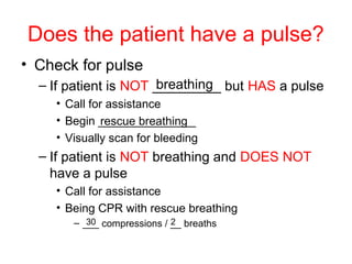 Does the patient have a pulse?
• Check for pulse
– If patient is NOT _________ but HAS a pulse
• Call for assistance
• Begin _______________
• Visually scan for bleeding
– If patient is NOT breathing and DOES NOT
have a pulse
• Call for assistance
• Being CPR with rescue breathing
– ___ compressions / __ breaths
rescue breathing
breathing
30 2
 