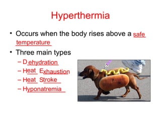 Hyperthermia
• Occurs when the body rises above a ___
_________
• Three main types
– D_________
– H___ E_______
– H___ S_____
– H___________
ehydration
eat xhaustion
eat troke
yponatremia
temperature
safe
 