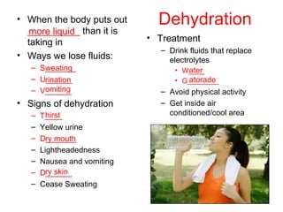 Dehydration• When the body puts out
__________ than it is
taking in
• Ways we lose fluids:
– S_______
– U______
– V______
• Signs of dehydration
– T____
– Yellow urine
– D_______
– Lightheadedness
– Nausea and vomiting
– D______
– Cease Sweating
• Treatment
– Drink fluids that replace
electrolytes
• W____
• G________
– Avoid physical activity
– Get inside air
conditioned/cool area
more liquid
weating
rination
omiting
hirst
ry mouth
ry skin
ater
atorade
 