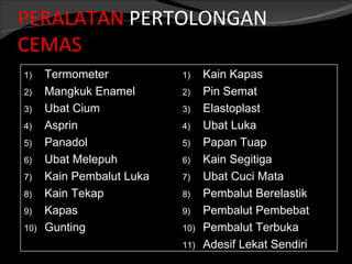 PERALATAN PERTOLONGAN
CEMAS
1)    Termometer           1)    Kain Kapas
2)    Mangkuk Enamel       2)    Pin Semat
3)    Ubat Cium            3)    Elastoplast
4)    Asprin               4)    Ubat Luka
5)    Panadol              5)    Papan Tuap
6)    Ubat Melepuh         6)    Kain Segitiga
7)    Kain Pembalut Luka   7)    Ubat Cuci Mata
8)    Kain Tekap           8)    Pembalut Berelastik
9)    Kapas                9)    Pembalut Pembebat
10)   Gunting              10)   Pembalut Terbuka
                           11)   Adesif Lekat Sendiri
 
