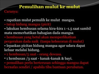 Pemulihan mulut ke mulut
Caranya:

• rapatkan mulut pemulih ke mulut mangsa.
• tutup hidung mangsa (picit)
• lakukan hembusan selama kira-kira 1 -1.5 saat sambil
mata memerhatikan bahagian dada mangsa
• hembusan yang betul akan memperlihatkan
pergerakan dada naik (tanpa kebocoran di mulut)
• lepaskan picitan hidung mangsa agar udara dapat
keluar melalui hidung.
• 1 hembusan/5 saat - orang dewasa.
• 1 hembusan /3 saat - kanak-kanak & bayi.
• pemulihan perlu berterusan sehingga mangsa dapat
bernafas sendiri / apabila tiba bantuan perubatan.
 