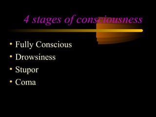 4 stages of consciousness

•   Fully Conscious
•   Drowsiness
•   Stupor
•   Coma
 