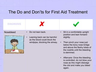 The Do and Don’ts for First Aid Treatment
DIAGNOSIS
Nosebleed • Do not lean back.
• Leaning back can be harmful
as the blood could block the
windpipe, blocking the airway.
• Sit in a comfortable upright
position and lean forward
slightly.
• Then pinch your nose just
below the bony nose bridge
and above the fleshy lobes of
the nostrils until the bleeding
is stemmed.
• Aftercare: Once the bleeding
is controlled, do not blow your
nose as this might dislodge
the clot and make you bleed
again.
 
