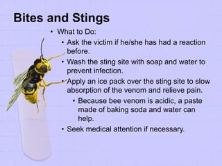 Bites and Stings
• What to Do:
• Ask the victim if he/she has had a reaction
before.
• Wash the sting site with soap and water to
prevent infection.
• Apply an ice pack over the sting site to slow
absorption of the venom and relieve pain.
• Because bee venom is acidic, a paste
made of baking soda and water can
help.
• Seek medical attention if necessary.
 