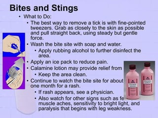Bites and Stings
• What to Do:
• The best way to remove a tick is with fine-pointed
tweezers. Grab as closely to the skin as possible
and pull straight back, using steady but gentle
force.
• Wash the bite site with soap and water.
• Apply rubbing alcohol to further disinfect the
area.
• Apply an ice pack to reduce pain.
• Calamine lotion may provide relief from itching.
• Keep the area clean.
• Continue to watch the bite site for about
one month for a rash.
• If rash appears, see a physician.
• Also watch for other signs such as fever,
muscle aches, sensitivity to bright light, and
paralysis that begins with leg weakness.
 