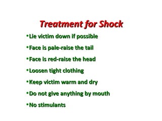 Treatment for Shock
•Lie victim down if possible
•Face is pale-raise the tail
•Face is red-raise the head
•Loosen tight clothing
•Keep victim warm and dry
•Do not give anything by mouth
•No stimulants

 