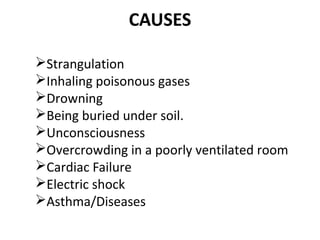 CAUSES
Strangulation
Inhaling poisonous gases
Drowning
Being buried under soil.
Unconsciousness
Overcrowding in a poorly ventilated room
Cardiac Failure
Electric shock
Asthma/Diseases

 