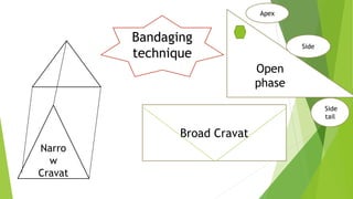 Bandaging
technique
Narro
w
Cravat
Open
phase
Broad Cravat
Apex
Side
Side
tail
 