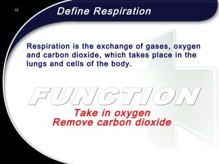 15
Respiration is the exchange of gases, oxygen
and carbon dioxide, which takes place in the
lungs and cells of the body.
Define Respiration
Take in oxygen
Remove carbon dioxide
 