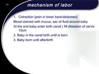 mechanism of labor
1. Cotraction {pain in lower back/abdomen}
Blood stained with mucus, sac of fluid around baby
At the end baby enter birth canal ( fill dilatation of cervix
10cm
2. Baby in the canal birth until is born
3. Baby born until afterbirth
201
 