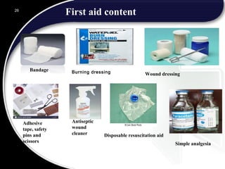 Burning dressing
26
First aid content
Bandage
Wound dressing
Adhesive
tape, safety
pins and
scissors
Antiseptic
wound
cleaner Disposable resuscitation aid
Simple analgesia
 