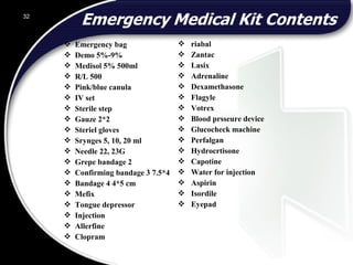  riabal
 Zantac
 Lasix
 Adrenaline
 Dexamethasone
 Flagyle
 Votrex
 Blood prsseure device
 Glucocheck machine
 Perfalgan
 Hydrocrtisone
 Capotine
 Water for injection
 Aspirin
 Isordile
 Eyepad
 Emergency bag
 Demo 5%-9%
 Medisol 5% 500ml
 R/L 500
 Pink/blue canula
 IV set
 Sterile step
 Gauze 2*2
 Steriel gloves
 Srynges 5, 10, 20 ml
 Needle 22, 23G
 Grepe bandage 2
 Confirming bandage 3 7.5*4
 Bandage 4 4*5 cm
 Mefix
 Tongue depressor
 Injection
 Allerfine
 Clopram
32
 