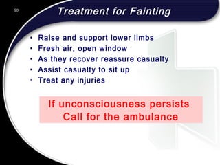 90
If unconsciousness persists
Call for the ambulance
Treatment for Fainting
• Raise and support lower limbs
• Fresh air, open window
• As they recover reassure casualty
• Assist casualty to sit up
• Treat any injuries
 
