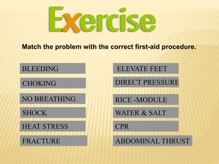 Match the problem with the correct first-aid procedure.
BLEEDING
CHOKING
NO BREATHING
SHOCK
HEAT STRESS
FRACTURE
ELEVATE FEET
DIRECT PRESSURE
RICE -MODULE
CPR
ABDOMINAL THRUST
WATER & SALT
 