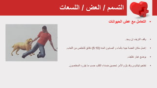 ‫التسمم‬/‫العض‬/‫اللسعات‬
•‫الحيوانات‬ ‫عض‬ ‫مع‬ ‫التعامل‬
•‫وقف‬‫وجد‬ ‫إن‬ ‫النزيف‬.
•‫إ‬‫غسل‬‫و‬ ‫بالماء‬ ‫جيدا‬ ‫العضة‬ ‫مكان‬‫المدة‬ ‫الصابون‬(5:10)‫للتخلص‬ ‫دقائق‬‫من‬‫اللعاب‬.
•‫يوضع‬‫غيار‬‫نظيف‬.
•‫تطعيم‬‫ما‬ ‫حسب‬ ‫الكلب‬ ‫ضدداء‬ ‫تحصين‬ ‫األمر‬ ‫يلزم‬ ‫وقد‬ ‫تيتانوس‬‫يقرره‬‫المختصون‬.
 