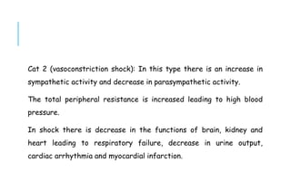 Cat 2 (vasoconstriction shock): In this type there is an increase in
sympathetic activity and decrease in parasympathetic activity.
The total peripheral resistance is increased leading to high blood
pressure.
In shock there is decrease in the functions of brain, kidney and
heart leading to respiratory failure, decrease in urine output,
cardiac arrhythmia and myocardial infarction.
 