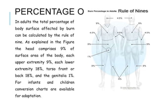 PERCENTAGE OF BURN
In adults the total percentage of
body surface affected by burn
can be calculated by the rule of
nine. As explained in the Figure
the head comprises 9% of
surface area of the body, each
upper extremity 9%, each lower
extremity 18%, torso front or
back 18%, and the genitalia 1%.
For infants and children
conversion charts are available
for adaptation.
 