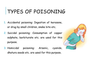 TYPES OF POISONING
1. Accidental poisoning: Ingestion of kerosene,
or drug by small children, snake bite etc.
2. Suicidal poisoning: Consumption of copper
sulphate, barbiturate etc. are used for this
purpose.
3. Homicidal poisoning: Arsenic, cyanide,
dhatura seeds etc. are used for this purpose.
 