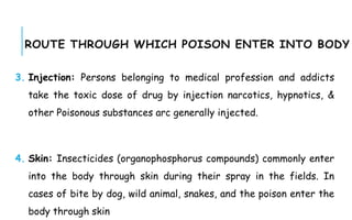 ROUTE THROUGH WHICH POISON ENTER INTO BODY
3. Injection: Persons belonging to medical profession and addicts
take the toxic dose of drug by injection narcotics, hypnotics, &
other Poisonous substances arc generally injected.
4. Skin: Insecticides (organophosphorus compounds) commonly enter
into the body through skin during their spray in the fields. In
cases of bite by dog, wild animal, snakes, and the poison enter the
body through skin
 