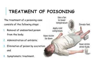 TREATMENT OF POISONING
The treatment of a poisoning case
consists of the following steps:
1. Removal of unabsorbed poison
from the body;
2. Administration of antidote;
3. Elimination of poison by excretion;
and
4. Symptomatic treatment.
 