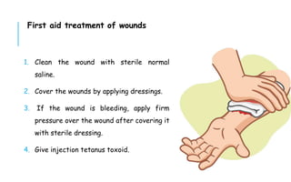 First aid treatment of wounds
1. Clean the wound with sterile normal
saline.
2. Cover the wounds by applying dressings.
3. If the wound is bleeding, apply firm
pressure over the wound after covering it
with sterile dressing.
4. Give injection tetanus toxoid.
 