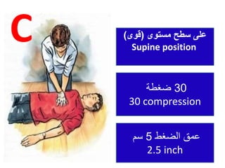 30
‫ضغطة‬
30 compression
‫مستوى‬ ‫سطح‬ ‫على‬
(
‫قوى‬
)
Supine position
‫الضغط‬ ‫عمق‬
5
‫سم‬
2.5 inch
C
 