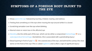 SYMPTOMS OF A FOREIGN BODY INJURY TO
THE EYE
 