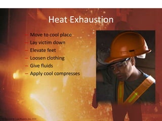 Heat Exhaustion
– Move to cool place
– Lay victim down
– Elevate feet
– Loosen clothing
– Give fluids
– Apply cool compresses
© Business & Legal Reports, Inc. 1110
 
