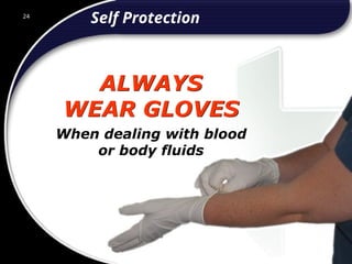 24
Self Protection
ALWAYS
WEAR GLOVES
When dealing with blood
or body fluids
24
© 2002 Abertay Nationwide Training
 
