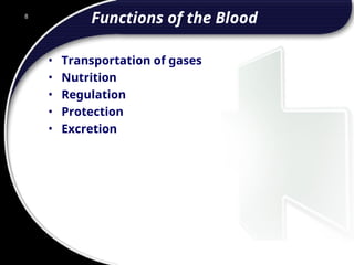 8
Functions of the Blood
• Transportation of gases
• Nutrition
• Regulation
• Protection
• Excretion
 