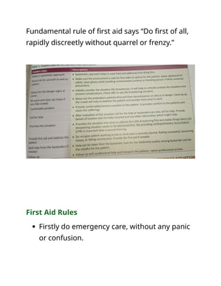 Fundamental rule of first aid says “Do first of all,
rapidly discreetly without quarrel or frenzy.”
First Aid Rules
 Firstly do emergency care, without any panic
or confusion.
 