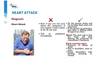 HEART ATTACK
Diagnosis
Heart Attack • Even if you are not sure
about the symptoms, if
you suspect a heart attack
at all, do not wait.
• Call an ambulance
immediately
• Sit the person down and
try to keep them calm and
conscious.
• If the person is conscious,
give them a 300mg tablet
of aspirin to chew.
Alert! The main risk is that
the heart will stop
beating. Be prepared to
resuscitate if necessary.
Early warning signs:
• Pressure in center of
chest
• Pain in shoulders, neck or
arms
• Chest discomfort with
fainting, sweating or
nausea
.
 