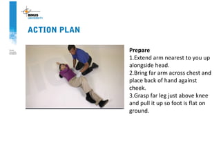 ACTION PLAN
Prepare
1.Extend arm nearest to you up
alongside head.
2.Bring far arm across chest and
place back of hand against
cheek.
3.Grasp far leg just above knee
and pull it up so foot is flat on
ground.
 