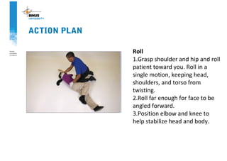 ACTION PLAN
Roll
1.Grasp shoulder and hip and roll
patient toward you. Roll in a
single motion, keeping head,
shoulders, and torso from
twisting.
2.Roll far enough for face to be
angled forward.
3.Position elbow and knee to
help stabilize head and body.
 
