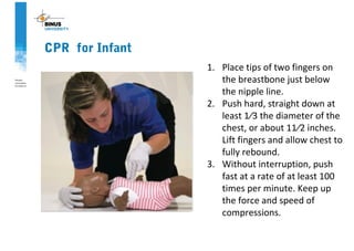 CPR for Infant
1. Place tips of two fingers on
the breastbone just below
the nipple line.
2. Push hard, straight down at
least 1⁄3 the diameter of the
chest, or about 11⁄2 inches.
Lift fingers and allow chest to
fully rebound.
3. Without interruption, push
fast at a rate of at least 100
times per minute. Keep up
the force and speed of
compressions.
 