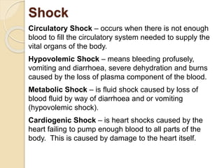 Shock 
Circulatory Shock – occurs when there is not enough 
blood to fill the circulatory system needed to supply the 
vital organs of the body. 
Hypovolemic Shock – means bleeding profusely, 
vomiting and diarrhoea, severe dehydration and burns 
caused by the loss of plasma component of the blood. 
Metabolic Shock – is fluid shock caused by loss of 
blood fluid by way of diarrhoea and or vomiting 
(hypovolemic shock). 
Cardiogenic Shock – is heart shocks caused by the 
heart failing to pump enough blood to all parts of the 
body. This is caused by damage to the heart itself. 
 