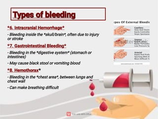 Types of bleeding
Types of bleeding
*6. Intracranial Hemorrhage*
- Bleeding inside the *skull/brain*, often due to injury
or stroke
*7. Gastrointestinal Bleeding*
- Bleeding in the *digestive system* (stomach or
intestines)
- May cause black stool or vomiting blood
*8. Hemothorax*
- Bleeding in the *chest area*, between lungs and
chest wall
- Can make breathing diﬃcult
 