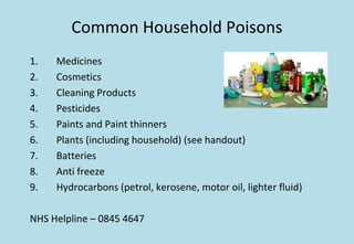 Common Household Poisons
1. Medicines
2. Cosmetics
3. Cleaning Products
4. Pesticides
5. Paints and Paint thinners
6. Plants (including household) (see handout)
7. Batteries
8. Anti freeze
9. Hydrocarbons (petrol, kerosene, motor oil, lighter fluid)
NHS Helpline – 0845 4647
 