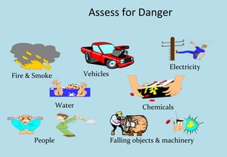 Assess for Danger
Fire & Smoke Vehicles
Electricity
Water Chemicals
People Falling objects & machinery
 