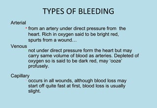 TYPES OF BLEEDING
ArterialArterial
VenousVenous
CapillaryCapillary
 from an artery under direct pressure from thefrom an artery under direct pressure from the
heart. Rich in oxygen said to be bright red,heart. Rich in oxygen said to be bright red,
spurts from a wound…spurts from a wound…
 not under direct pressure form the heart but maynot under direct pressure form the heart but may
carry same volume of blood as arteries. Depleted ofcarry same volume of blood as arteries. Depleted of
oxygen so is said to be dark red, may ‘ooze’oxygen so is said to be dark red, may ‘ooze’
profusely.profusely.
 occurs in all wounds, although blood loss mayoccurs in all wounds, although blood loss may
start off quite fast at first, blood loss is usuallystart off quite fast at first, blood loss is usually
slight.slight.
 