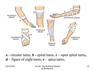 02/11/2016 For 4th Year B.Pharm Student
by Menbere D.
47
a - circular turns, b - spiral turns, c – open spiral turns,
d – figure of eight turns, e – spica turns,
 