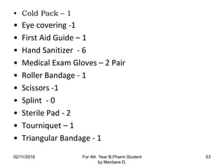 • Cold Pack – 1
• Eye covering -1
• First Aid Guide – 1
• Hand Sanitizer - 6
• Medical Exam Gloves – 2 Pair
• Roller Bandage - 1
• Scissors -1
• Splint - 0
• Sterile Pad - 2
• Tourniquet – 1
• Triangular Bandage - 1
02/11/2016 For 4th Year B.Pharm Student
by Menbere D.
53
 