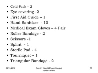 • Cold Pack – 2
• Eye covering -2
• First Aid Guide – 1
• Hand Sanitizer - 10
• Medical Exam Gloves – 4 Pair
• Roller Bandage - 2
• Scissors -1
• Splint - 1
• Sterile Pad - 4
• Tourniquet – 1
• Triangular Bandage - 2
02/11/2016 For 4th Year B.Pharm Student
by Menbere D.
55
 