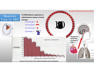 321
If CPR/Artificial respiration is
administered, chance of brain
damage:
0 to 4 minutes –
4 to 6 minutes –
6 to 10 minutes –
10 minutes + –
Recovery rate of victim if has artificial respiration done immediately
Oxygenated
blood flow
must get to
brain
45678910
Reaction
Time to ABC
Reaction
Time to ABC
Cardio Pulmonary Resuscitation
 