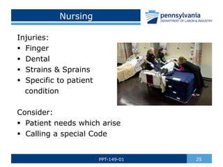 Nursing
Injuries:
 Finger
 Dental
 Strains & Sprains
 Specific to patient
condition
Consider:
 Patient needs which arise
 Calling a special Code
25
PPT-149-01
 