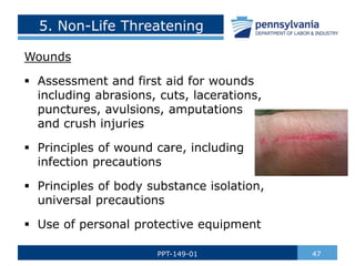 5. Non-Life Threatening
Wounds
 Assessment and first aid for wounds
including abrasions, cuts, lacerations,
punctures, avulsions, amputations
and crush injuries
 Principles of wound care, including
infection precautions
 Principles of body substance isolation,
universal precautions
 Use of personal protective equipment
47
PPT-149-01
 